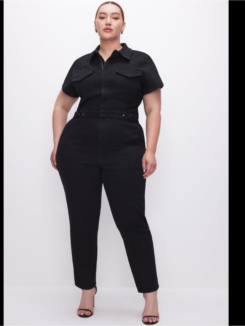 Good American Black Short-Sleeve Utility Jumpsuit Fit For Success Cotton Jean